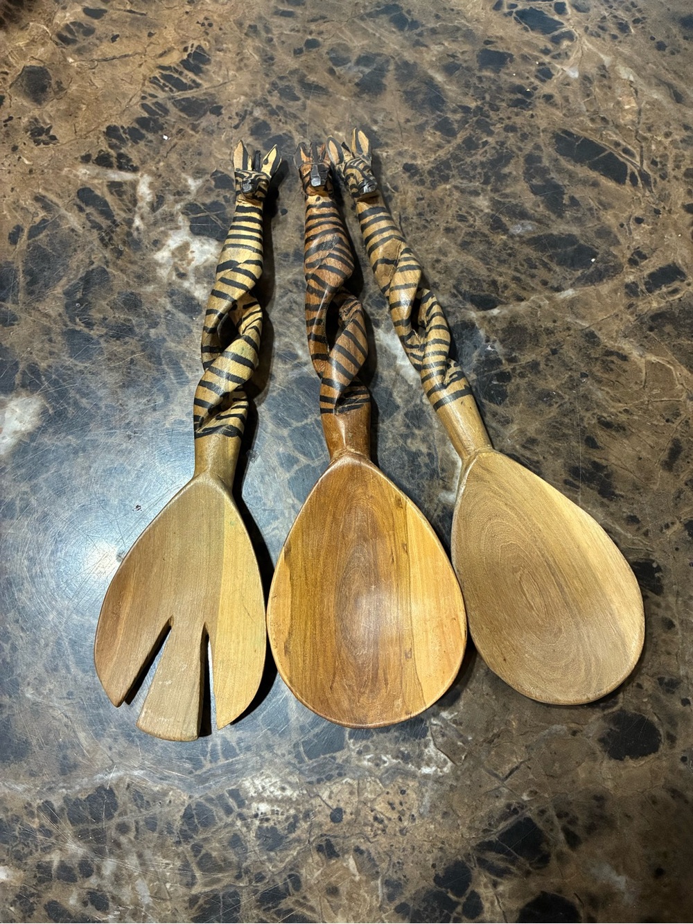 Hand-Carved Zebra Handle Wooden Serving Spoons - Natural Brown
